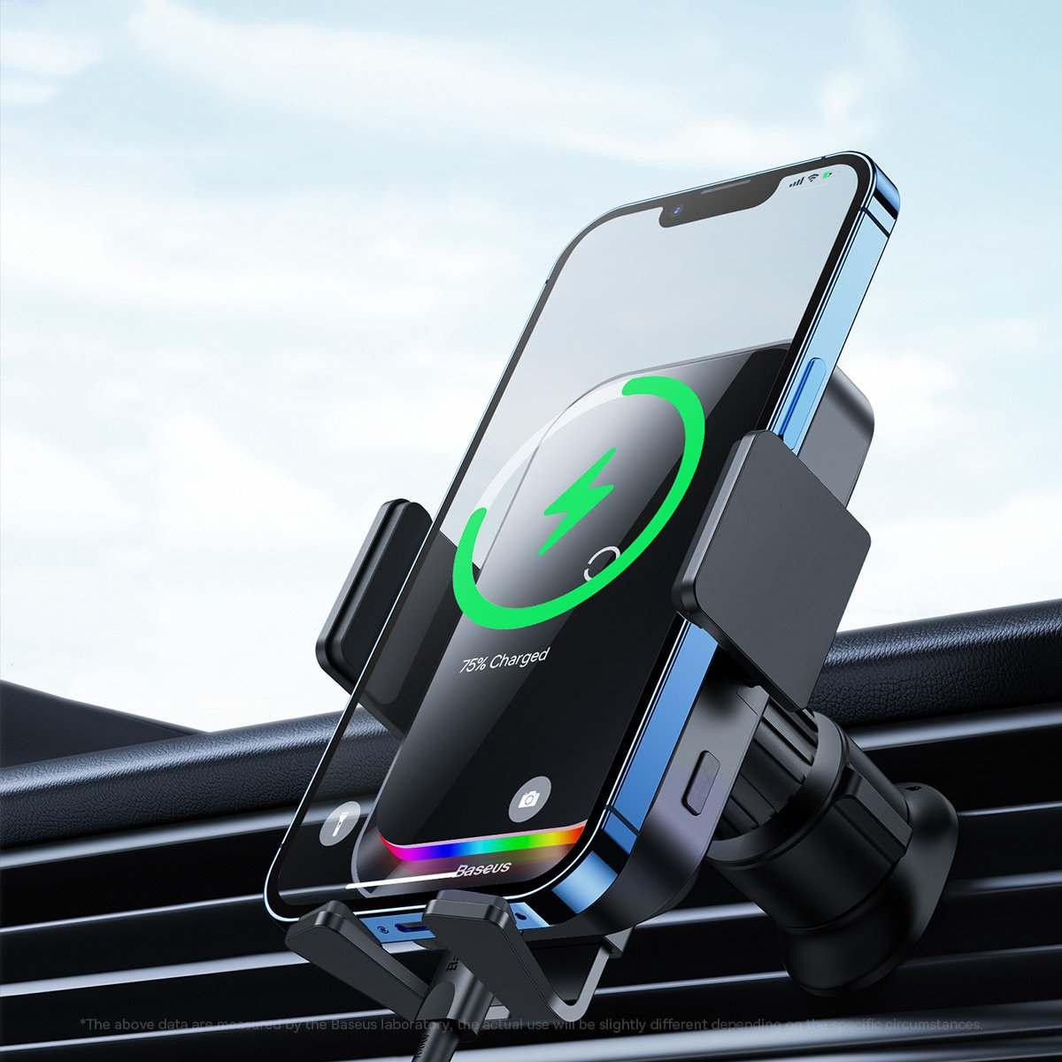 Kép 9/13 - Baseus autós telefon tartó, Halo automatikus záró szenzorral, RGB LED töltő csík, 15W, fekete (SUDD000001)