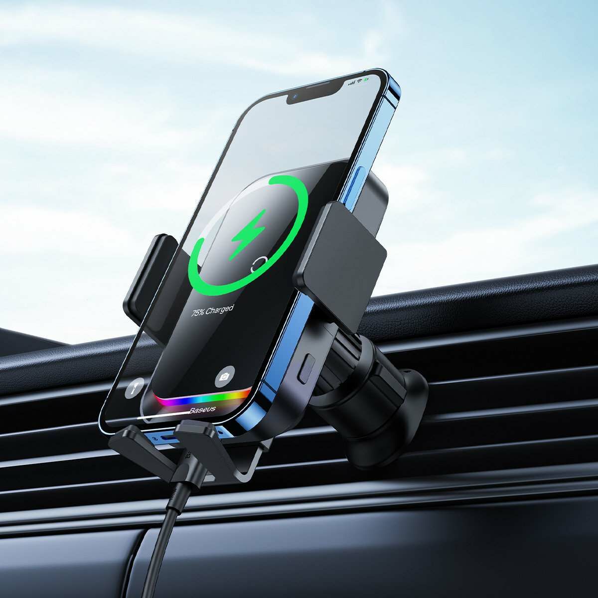 Kép 13/13 - Baseus autós telefon tartó, Halo automatikus záró szenzorral, RGB LED töltő csík, 15W, fekete (SUDD000001)