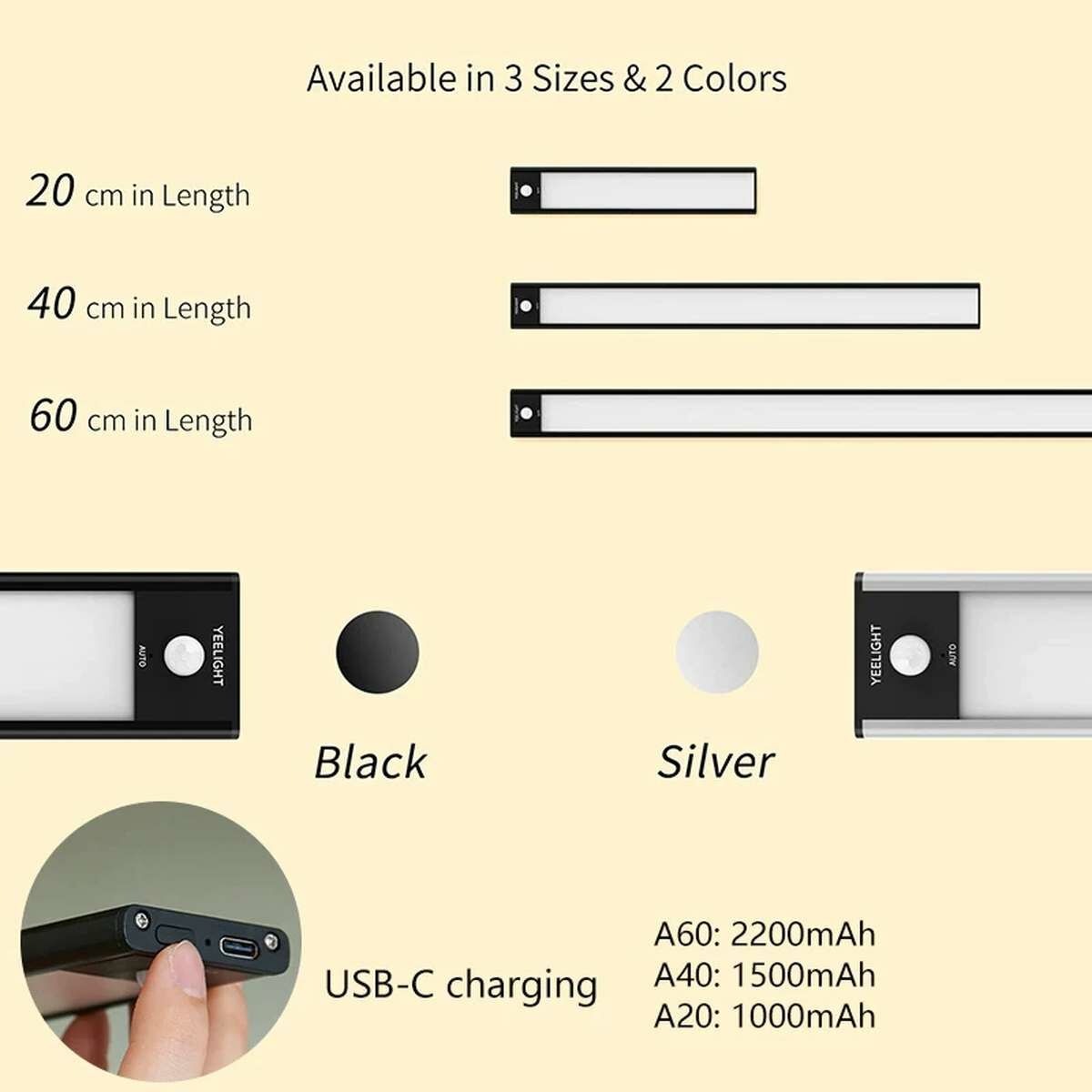 Kép 3/7 - Xiaomi Yeelight mozgásérzékelős szekrényvilágítás A60, 2200mAh (600x39x9mm) fekete EU