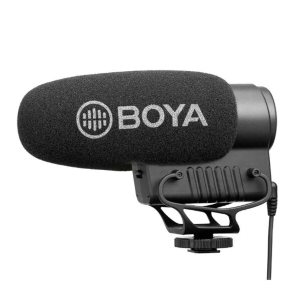 BOYA kamerára rögzíthető kompakt, kardioid Stereo/Mono puskamikrofon, elemes, fekete EU