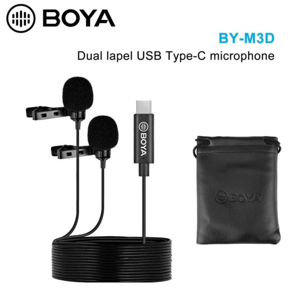 BOYA kettős, vezetékes csíptetős mikrofon USB Type-C csatlakozóval, fekete EU