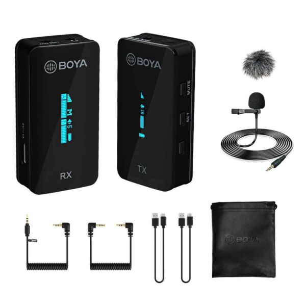BOYA ultra-kompakt vezeték nélküli mikrofon szett OLED kijelzővel kamerához, okostelefonhoz (3.5mm Jack TRS/TRRScsatlakozás), fekete EU