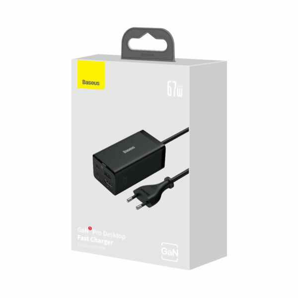 Baseus GaN5 Pro asztali gyorstöltő USB + 2x USB-C + HDMI, 67W 1,5 m-es tápkábellel + USB-C - USB-C adatkábel, 100W (20V/5A), 1m, fekete EU (CCGP110201)