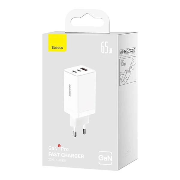 Baseus GaN5 Pro hálózati töltő, 2xUSB-C + USB, 65W, fehér EU (CCGP120202)