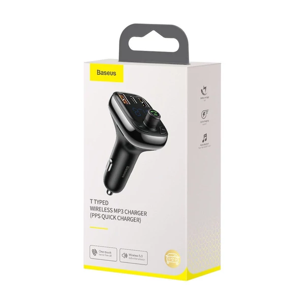 Baseus S-13 FM Transmitter és autós töltő USB-A QC 12V/ 2.4A, USB-A 5V/ 1.5A, Type-C 12V/ 2.4A, fekete (CCMT000101)