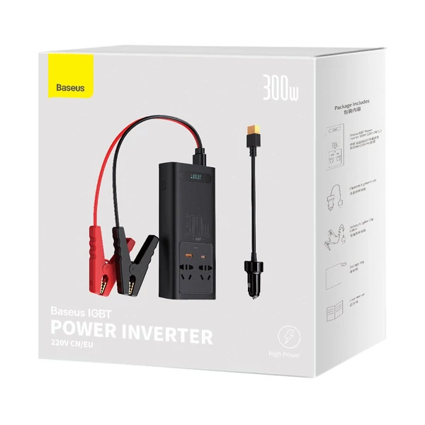 Baseus autós kiegészítő, Power Inverter, áram átalakító IGBT 300W/ 220V (C+U + dupla EU csatlakozó) , fekete (CGNB010101)