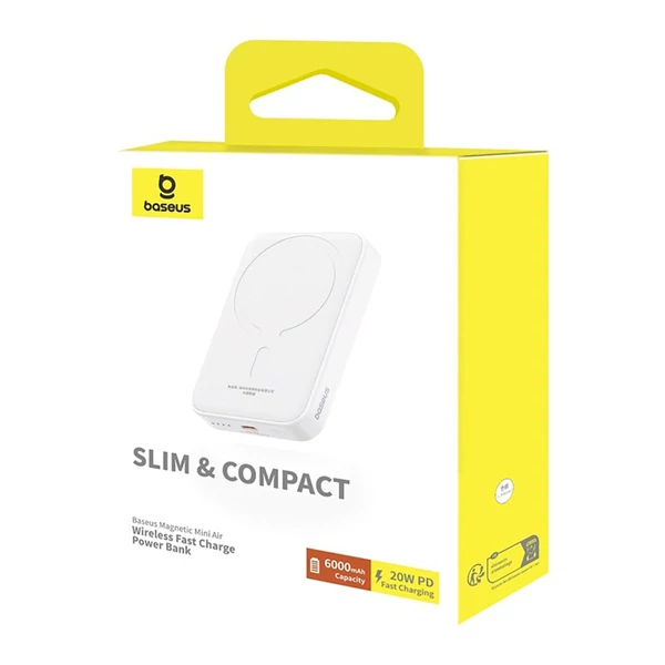 Baseus Power Bank Magnetic Mini (MagSafe), 20W, 6000 mAh, Type-C kábellel, 0.30m, fehér