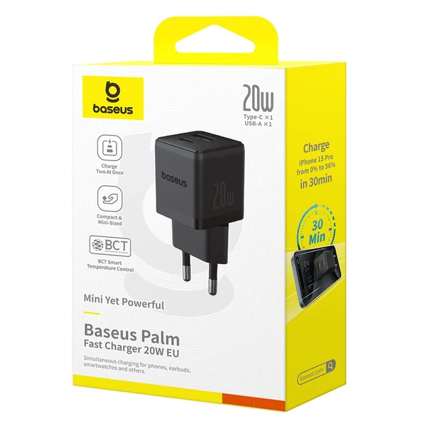 Baseus Travel Charger Palm Series hálózati gyorstöltő C+U 20W, fekete EU (P10111608113-00)