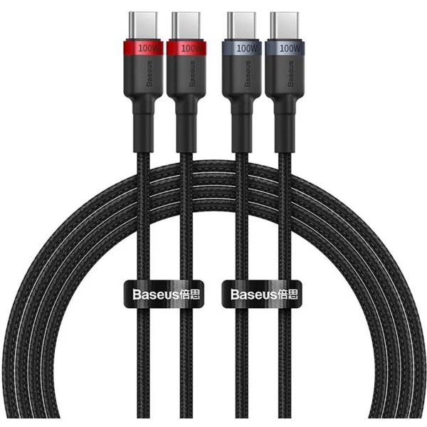Baseus Type-C Cafule Series gyorstöltő-, adatkábel 100W (20V/5A) 2m (2db) fek/pir, fek/sz