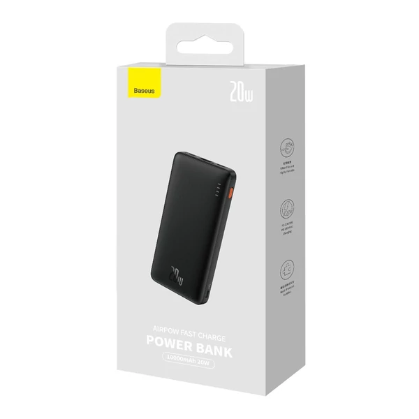 Baseus Power Bank Airpow, C+U, 20W, 10000 mAh, Simple Series 0,30m Type-C kábellel, fekete EU