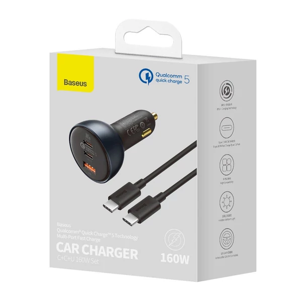 Baseus autós gyorstöltő U+C+C, PD 3.0, QC 5.0, PPS, 160W (USB-C - USB-C kábellel 100W, 20V/1.5A, 1m), fekete (TZCCZM-0G)