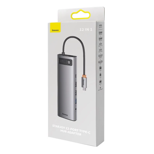 Baseus Metal Gleam hub 12 az 1-ben HDMI / DP / USB / USB-C / Mini jack 3.5 mm / RJ45 / SD / TF, szürke