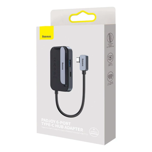 Baseus HUB PadJoy 6 az 1-ben (USB 3.0, HDMI 2.0 4K 30Hz, Type-C [anya] 100W, SD/TF olvasó, 3.5 mm Jack) Type-C kimenettel, szürke (WKWJ000113)