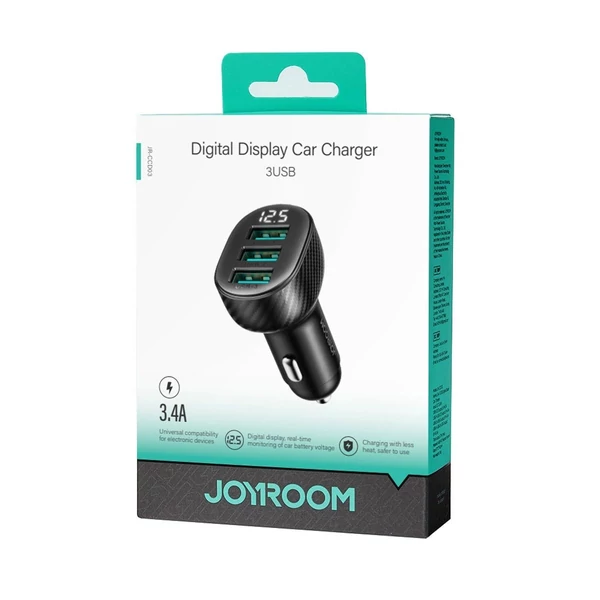 Joyroom autós töltő digitális kijelzővel, U+U+U, 17W,, fekete (JR-CCD03)