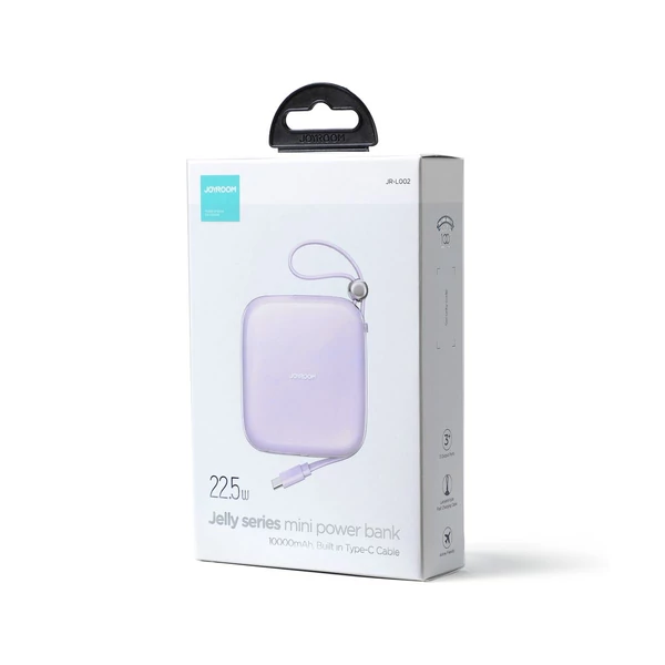 Joyroom Jelly Series külső akkumulátor C+U, PD 22.5W, 10000 mAh beépített Type-C kábel PD 18W, lila (JR-L002)