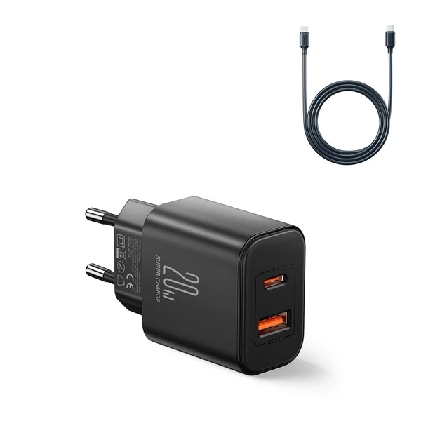 Joyroom Travel Charger töltőfej U+C, PD 20W Type-C - Type-C kábellel, 1m, fekete (JR-TCF05)