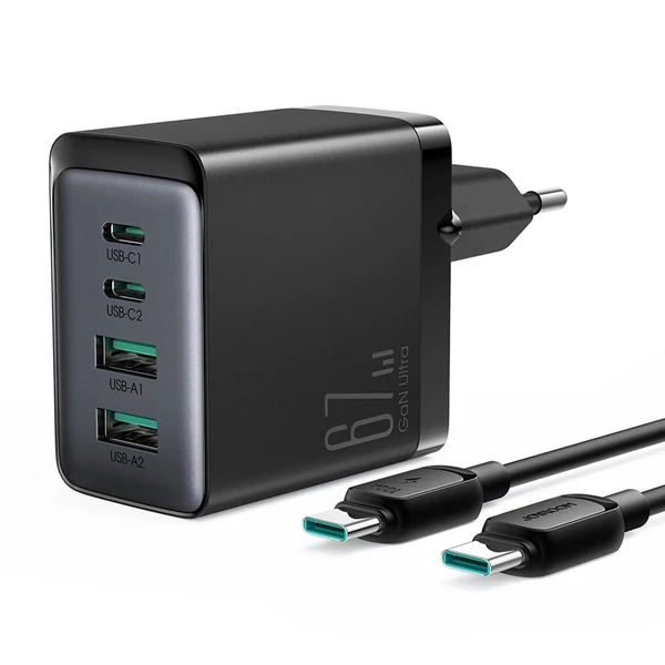 Joyroom Travel Charger GaN hálózati gyorstöltő Type-C - Type-C kábellel 100W, fekete EU (JR-TCG02)