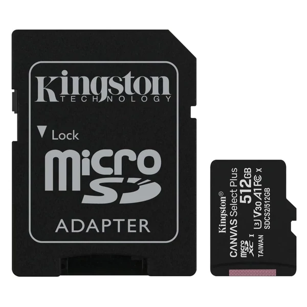 Kingston Canvas Select Plus MicroSD memóriakártya 512GB Class 10 UHS-I + Adapter, fekete EU