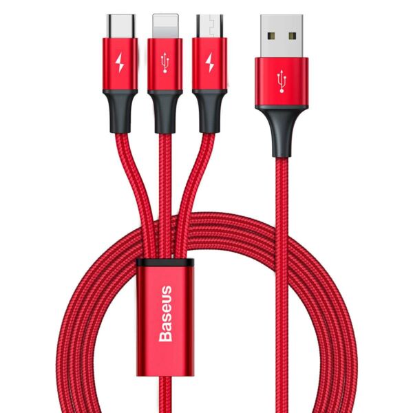 Baseu Rapid 3-az-1-ben adatkábel USB -Type C / Lightning / micro USB, 1.2m, piros (CAJS000009)