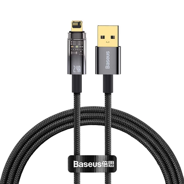 Baseus Explorer USB - Lightning töltő- és adatkábel, automatikus kikapcsolással, 2.4A, 1m, fekete (CATS000401)