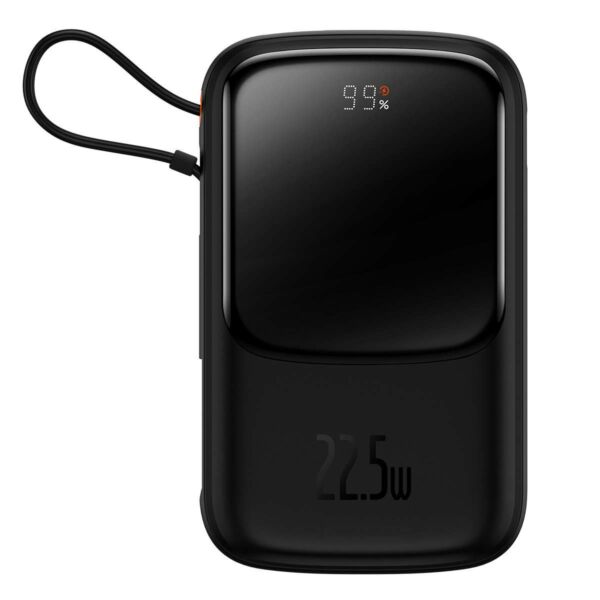Baseus Qpow külső akkumlátor digitális kijelzővel, beépített USB Type-C kábellel, C+U, QC, SCP AFC FCP 22,5W, 10000 mAh, fekete (PPQD060101)