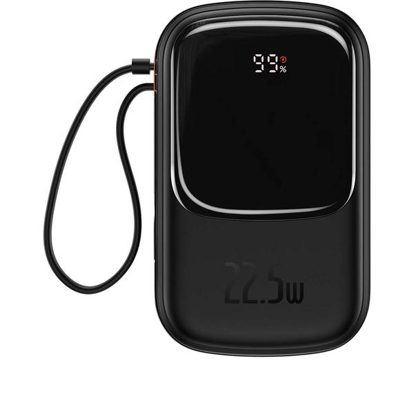 Baseus Qpow külső akkumlátor digitális kijelzővel, beépített USB Type-C kábellel, C+U, QC, SCP AFC FCP 22,5W, 20000 mAh, fekete (PPQD060301)