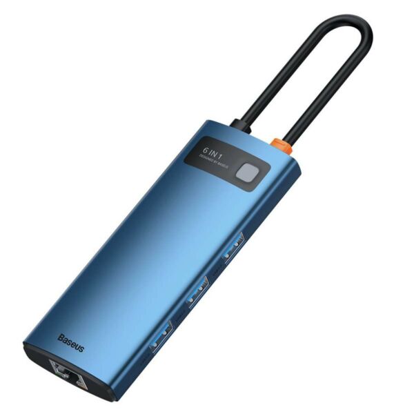 Baseus  Metal Gleam HUB, 6-in-1 multifunkciós, (USB-C- 3x USB 3.2, PD 100W / HDMI 4K 30Hz / RJ45 1Gbps), kék (WKWG000003)