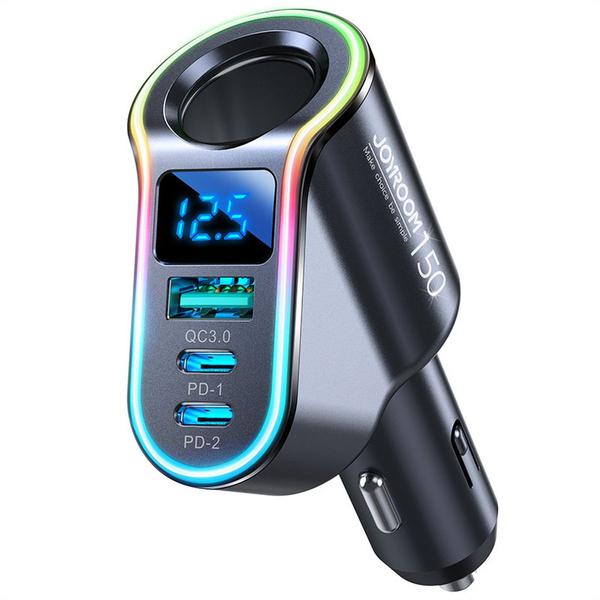 Joyroom 4-in-1 autós szivargyújtós töltő, Fm Transmitter 2xUSB Typ-C+1xUSB, 150W, fekete (JR-CL21)