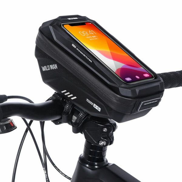 WILDMAN Bicycle Bag XS1 kormányra szerelhető, vízálló, merevfalú kerékpáros táska telefontartóval  4.8&quot;, 1L, fekete WILDMAN-XS1-1L