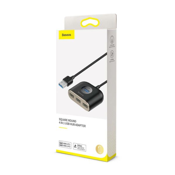Baseus HUB, Square Round, 4-in-1 USB-A bemenetről USB Adapter USB3.0x1 + USB2.0x3 1m, fekete (CAHUB-AY01)