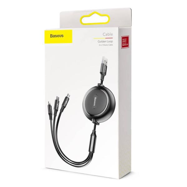 Baseus Univerzális kábel, Golden Loop 3-in-1 rugalmas adatUniverzális kábel, (Micro + Lightning + Type-C), 3.5A, 1.2m, fekete (CAMLT-JH01)