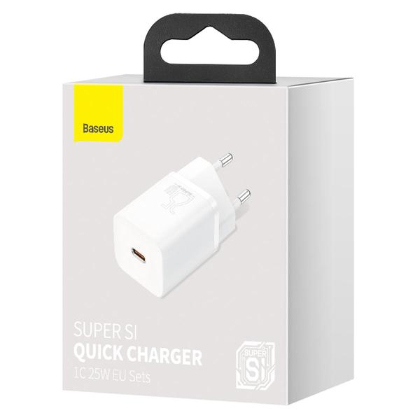 Baseus hálózati töltő, Super Si 1C, gyorstöltő, Type-C, 25W, EU, fehér (CCSP020102)