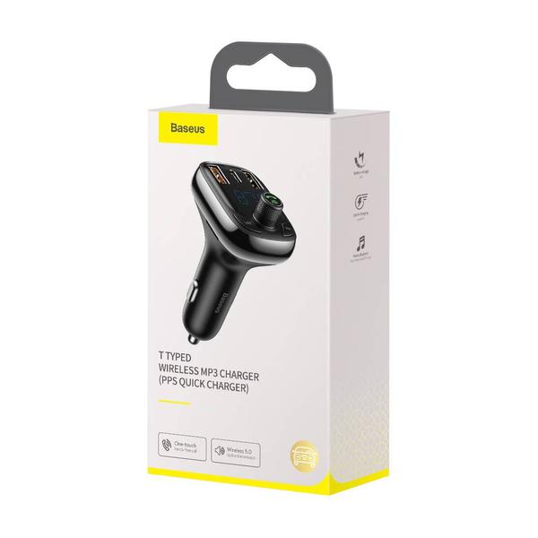 Baseus autós töltő, T-typed okos gyors töltés funkcióval, Bluetooth MP3 hallgatás, 5A, fekete (CCTM-B01)
