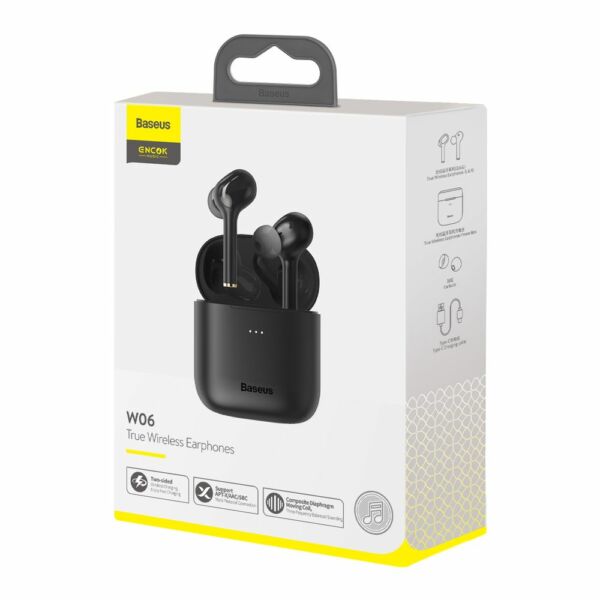 Baseus fülhallgató, Bluetooth Encok W06, True Wireless, vezeték nélküli, BT 5.0 TWS, 5 óra zeneidő, fekete (NGW06-01)