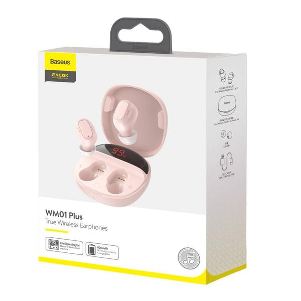 Baseus fülhallgató, Bluetooth Encok WM01 True Wireless, vezeték nélküli, BT 5.0 TWS, akár 10m kommunikációs távolság, rózsaszín (NGWM01P-04)