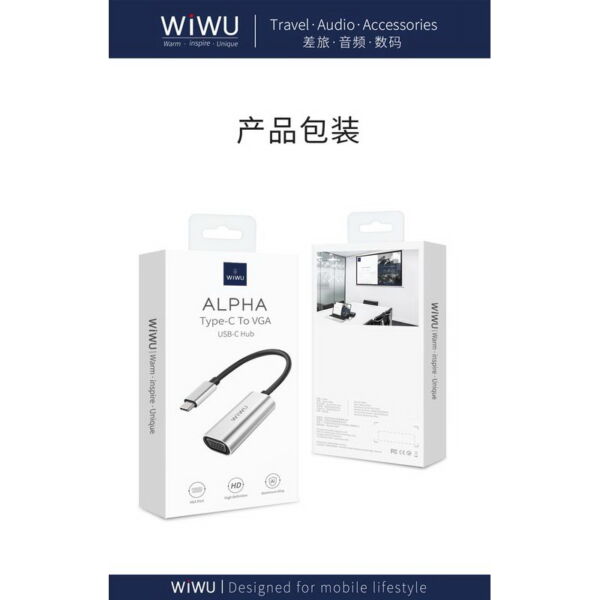 WiWU átalakító, Alpha Type-C - VGA adapter, 60 Hz frissitési frekvenciás monitorhoz, szürke
