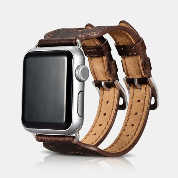 iCarer Apple Watch Óraszíj, 38 mm, Classic Sorozat Valódi Bőr Dupla szij és csatt kávészín