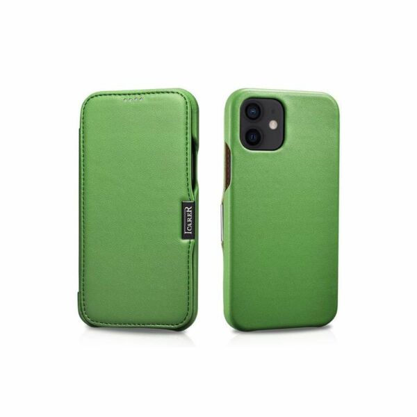 iCarer iPhone 12 mini (5.4) tok, Luxury Leather Sorozat oldalt nyíló (fémcsattal az elején), zöld