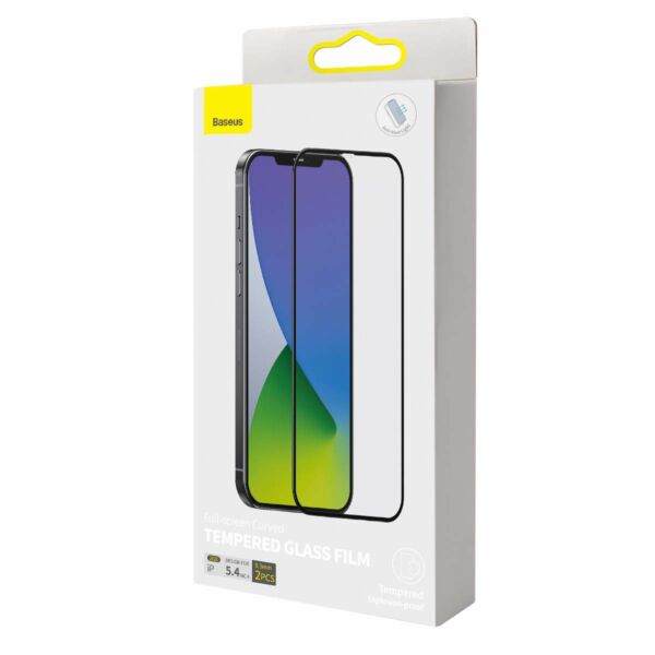 Baseus iPhone 12 mini 0.3 mm, teljes felületre, lekerekített edzett üveg, kékfény szűrős (2 db), fekete (SGAPIPH54N-KB01)