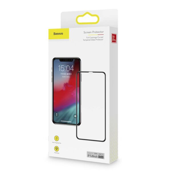 Baseus iPhone 11 Pro (5.8&quot;) 0.3 mm, teljes felületre, (2db a csomagban) edzett üveg, fekete (SGAPIPH58S-KC01)