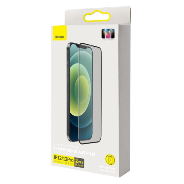 Baseus iPhone 12/12 Pro 0.3 mm, teljes felületre, edzett üveg, betekintés védelem (2db +keret), fekete (SGAPIPH61P-KS01)