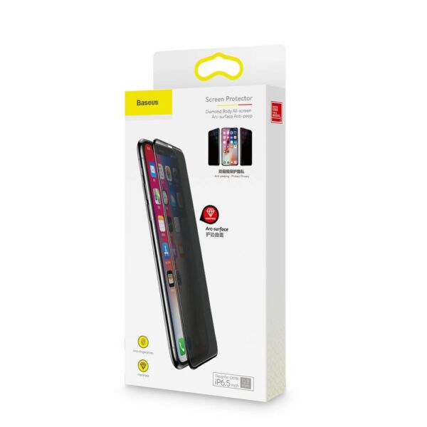 Baseus iPhone XS Max (6.5") 0.3 mm, Rigid-lekerekített, teljes felületre, Anti-Spy edzett üveg kijelzővédő fólia, fekete (SGAPIPH65-ATG01)