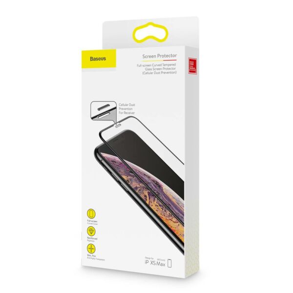 Baseus iPhone XS Max (6.5") 0.23 mm, teljes felületre lekerekített edzett üveg, por elleni védelem fekete (SGAPIPH65-WA01)