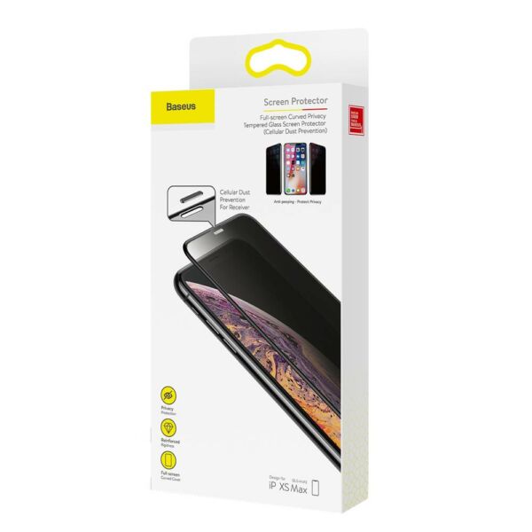 Baseus iPhone XS Max (6.5") 0.23 mm, teljes felületre lekerekített edzett üveg Anti-Spy por elleni védelem fekete (SGAPIPH65-WC01)
