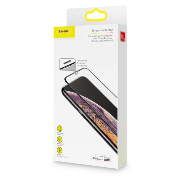 Baseus iPhone XS Max (6.5") 0.23 mm, teljes felületre, ívelt szélek, por elleni védelem, edzett üveg, fekete (SGAPIPH65-WD01)