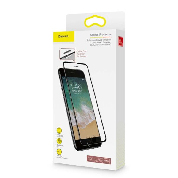 Baseus iPhone 8/7/6 0.23 mm, teljes felületre lekerekített edzett üveg por elleni védelem, fehér (SGAPIPH8N-WA02)