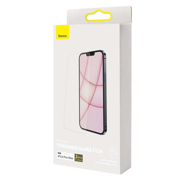 Baseus iPhone 13 Pro Max 0.3 mm Teljes üveg, Edzett üveg (2db / csomag + felhelyező keret), átlátszó (SGBL020202)