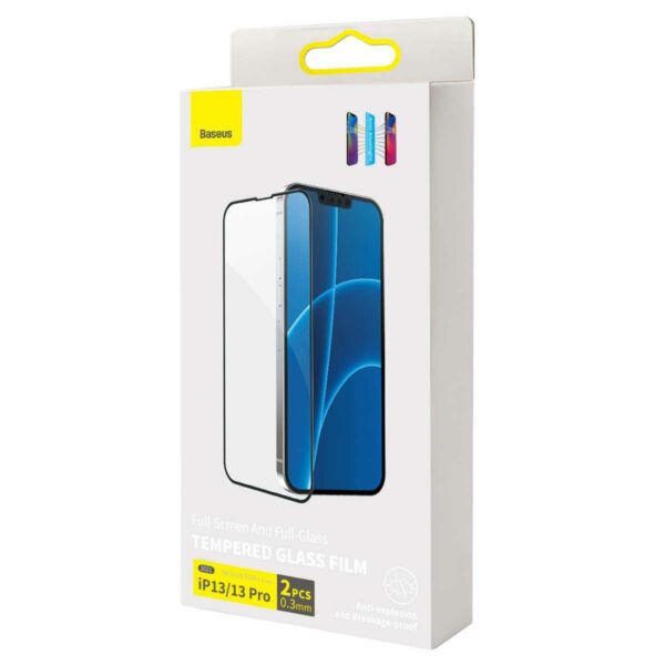 Baseus iPhone 13/13 Pro 0.3 mm Teljes kijelzős, Teljes üveg, Anti-blue light, Edzett üveg (2db/csomag+felhelyező keret), fekete (SGQP010401)