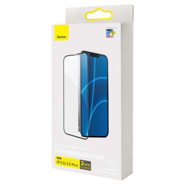 Baseus iPhone 13/13 Pro 0.23 mm ívelt üvegre, Edzett üvegből, berepedés ellenálló élekkel (2db/csomag+felhelyező keret), fekete (SGQP020101)