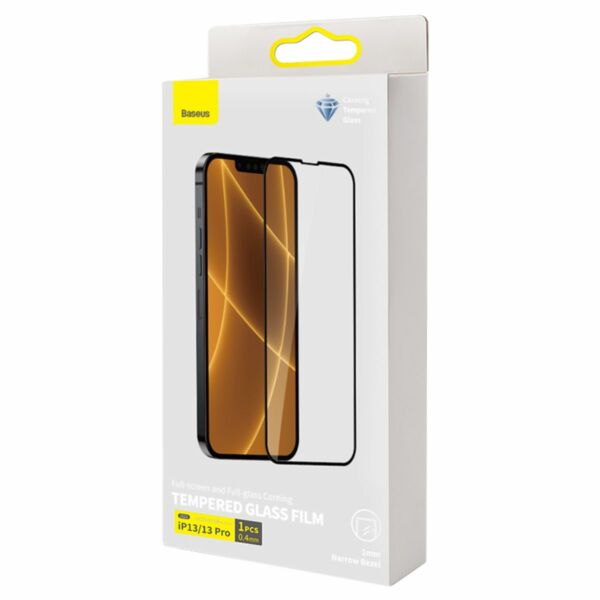 Baseus iPhone 13/13 Pro 0.4 mm CW-HY Teljes kijelzős, Teljes üveg, éleken erősített üveg (1db / csomag + felhelyező keret) fekete (SGQP040101)